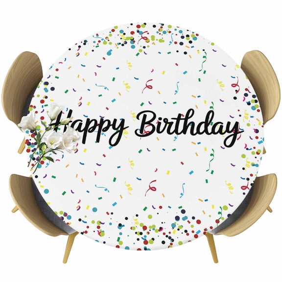 White Birthday Table Cloth, Round Fitted Tablecloths with Elastic Edge, Colorful Confetti Ribbons Polka Dots Classroom Wipeable Waterproof Table Cover for Kitchen Wedding 55-60 Inches
