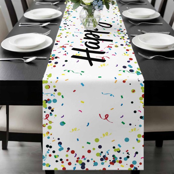 White Birthday Table Runner 48 Inches Long, Colorful Confetti Ribbons Polka Dots Classroom Kitchen Coffee Dining Table Decoration for Home Party Birthday Wedding Home Decor 13x48 Inches