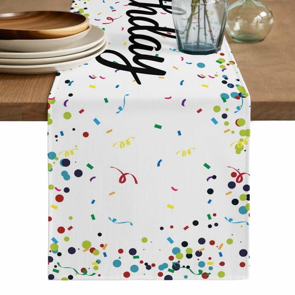 White Birthday Table Runner, Colorful Confetti Ribbons Polka Dots Classroom Washable Cotton Linen Table Runners 48 Inches Long, Dresser Scarf Runner for Nightstand/Coffee/End Tables 13''x48''