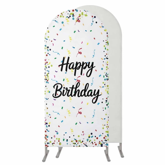 White Birthday Wedding Arch Cover,Stretchy Spandex Arch Backdrop Stand Covers 6 FT,Colorful Confetti Ribbons Polka Dots Classroom Round Top Arched Backdrop Cover for Birthday Party Baby Shower