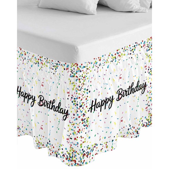 White Birthday Wrap Around Bed Skirts for California King Bed 18" Drop,Bed Skirt with Adjustable Elastic Belt Dust Ruffle Bed Valance Colorful Confetti Ribbons Polka Dots Classroom Bed Frame Cover