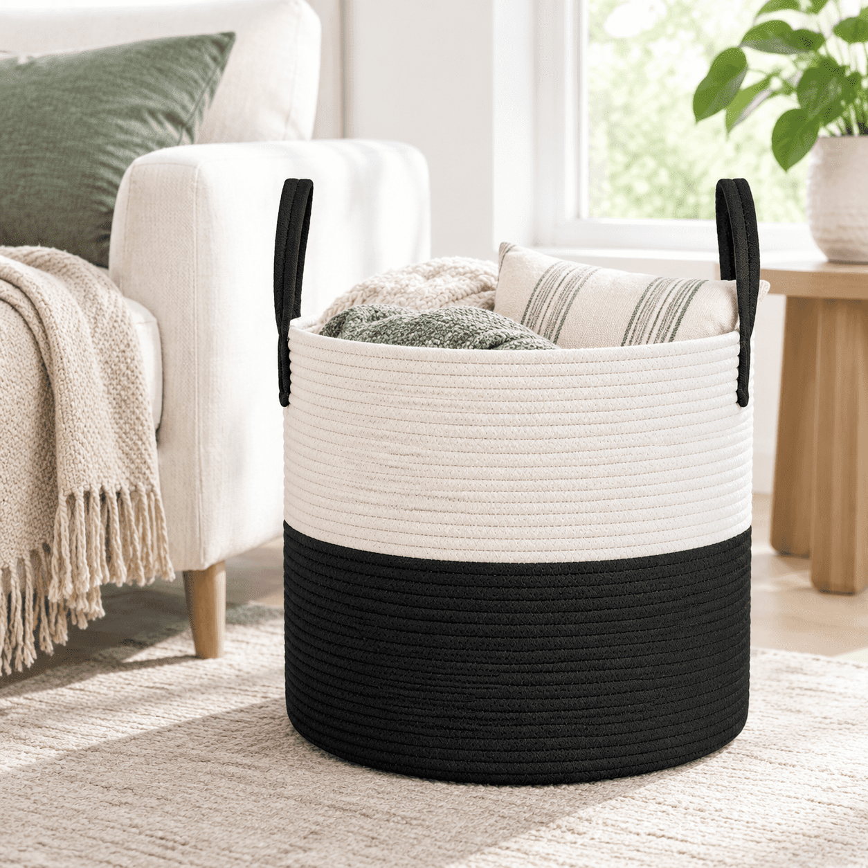 White&Black 115L Extra Large Cotton Rope Blanket Storage Basket ...