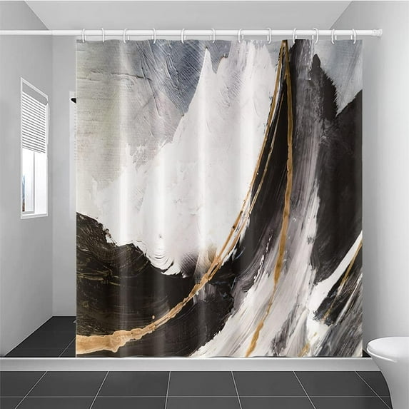 White Black Abstract Marble Stone Fabric Shower Curtain Ink Painting Gold Sand Waterproof Cloth Shower Curtains for Bathroom Modern Watercolor Decoration with Hooks 72x72 inches