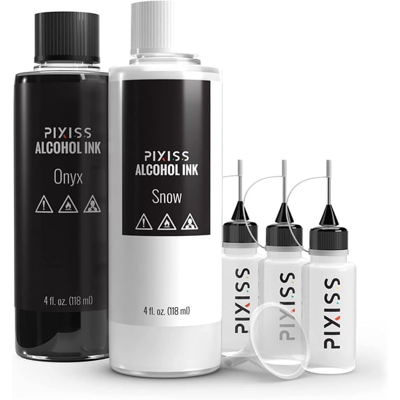 White and Black Alcohol Ink for Resin - Alcohol Ink Black Onyx and White Snow Colors 4-Ounce for Epoxy Resin, Tumblers, Resin Art, Alcohol Ink Paper, 3 Pixiss Needle Tip Applicator Bottles and Funnel