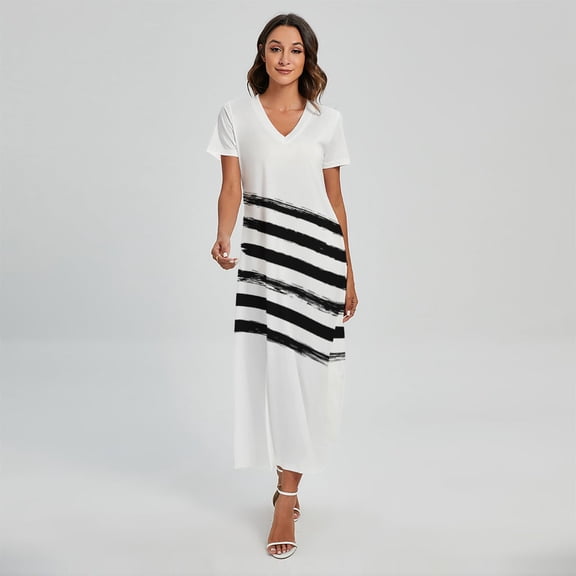 White And Black American Flag Printed Short Sleeve Maxi Dress, American Flag Fashion Summer Maxi Dress For Women. Gifts For Us Independence Day, 4Th Of July
