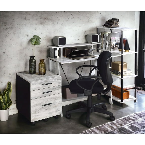 White & Black Antique Desk - Metal Base For Stability Two Drawers And Ports Practical Needs Writing In Versatile Various Rooms Stable With Convenience