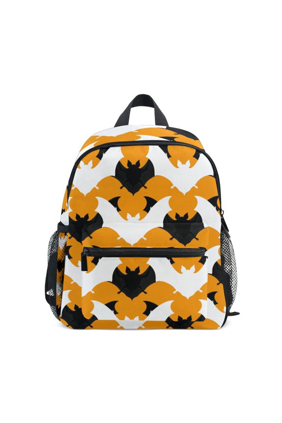 White Black Bats Pattern Mini Backpack Cute Small Backpack with Chest Strap and Whistle Ages 3-8