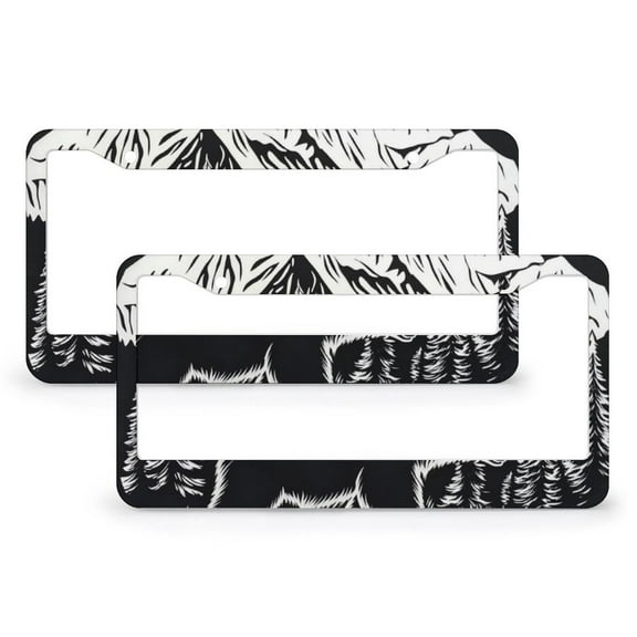 White Black Bear And Mountain License Plate Frames 2 PCS Wildlife Bear Funny License Plates for Us Standard Vehicles 2 Holes Metal License Plate Cover with Screw and Black Screw Caps