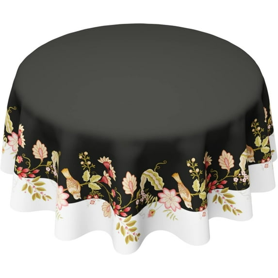 White Black Birds Flowers Waterproof Fabric Tablecloth,Rectangle Watercolor Wrinkle Oil-Proof Resistant Table Cover for Dining Table, Buffet Parties and Campin,(60" inch Round)