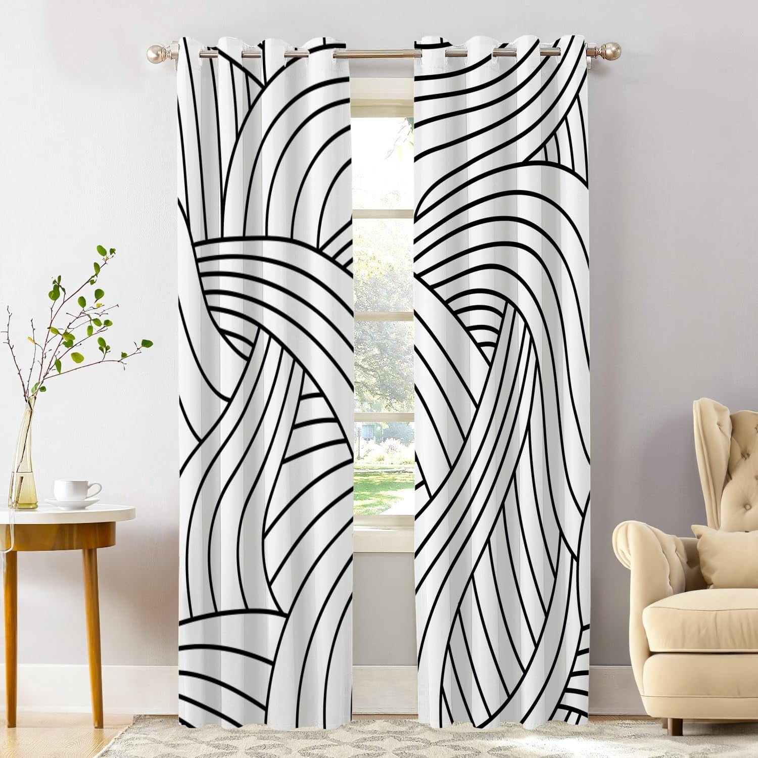 White Black Blackout Window Curtains, Art Deco Wallpaper Pattern Black