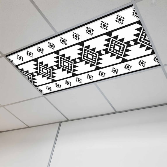 White Black Boho Fluorescent Light Covers, Southwest Ethnic Abstract Geometric Magnetic Light Covers for Ceiling Lights, Fluorescent Ceiling Shade Filters for Classroom Bedroom Office 4x2Ft x 1PCS