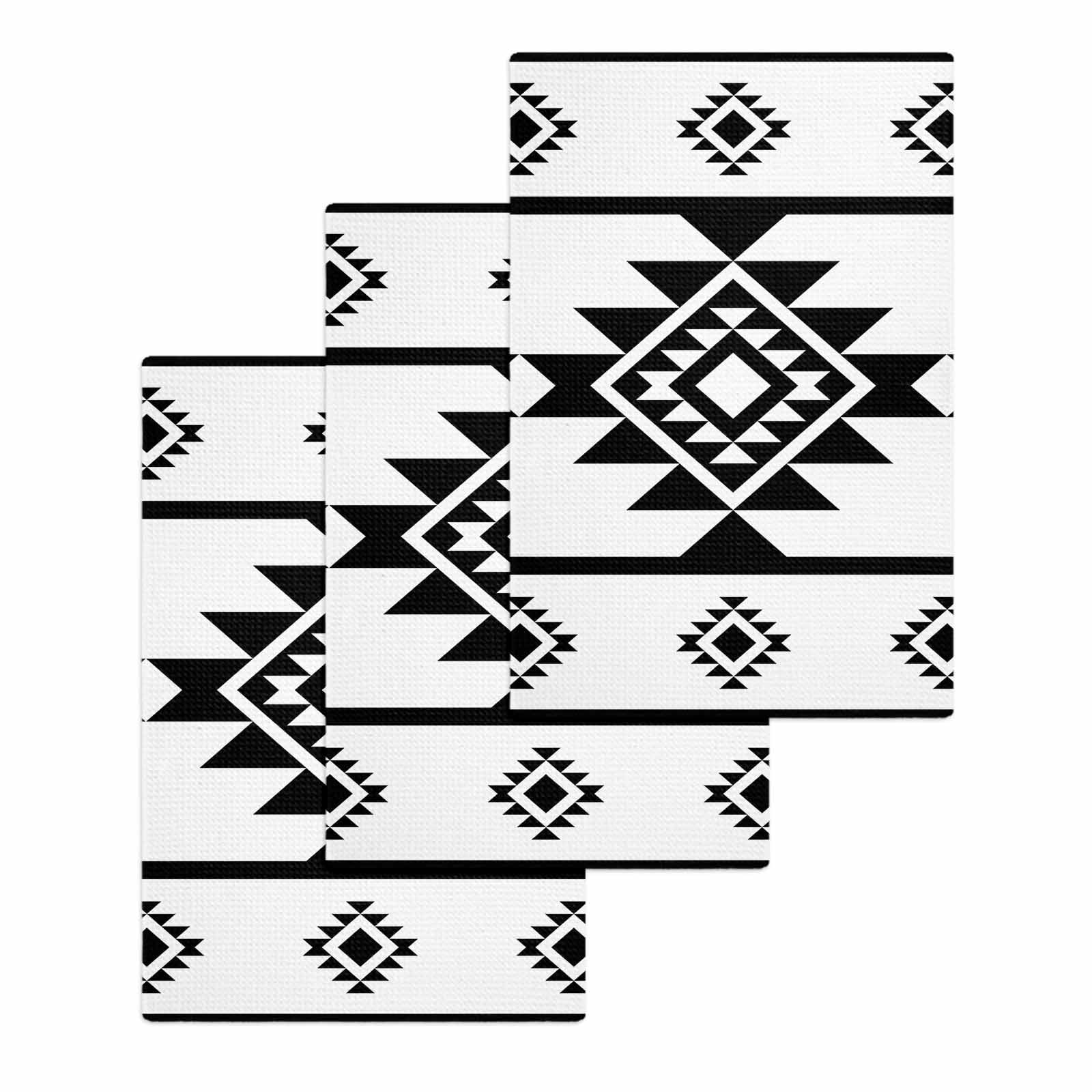 White Black Boho Kitchen Dish Towels for Drying Dishes Set of 3, Southwest Ethnic Abstract Geometric Waffle Weave Microfiber Hand Tea Bathroom Towels Quick Dry & Absorbent Towel 15.7x23.6