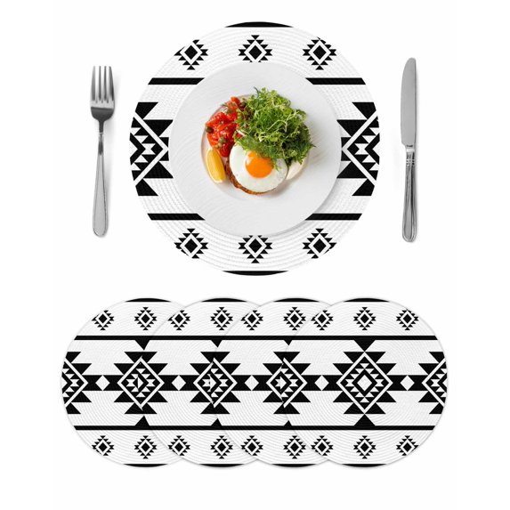 White Black Boho Round 15 Inch Placemats Set of 4, Southwest Ethnic Abstract Geometric HeatResistant Non Slip Place Mats for Dining Table, Wipeable Braided Kitchen Table Mats for Housewarming