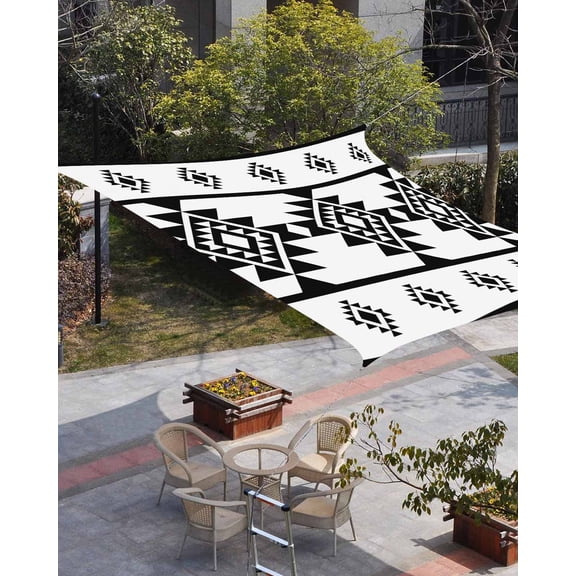 White Black Boho Sun Shade Sail 6.5'x10' Rectangle Outdoor Shade Canopy, Southwest Ethnic Abstract Geometric Porch Shades Outdoor Sun Blocking Screen, Sunshade Cloth Covers for Patio/Deck/Garden