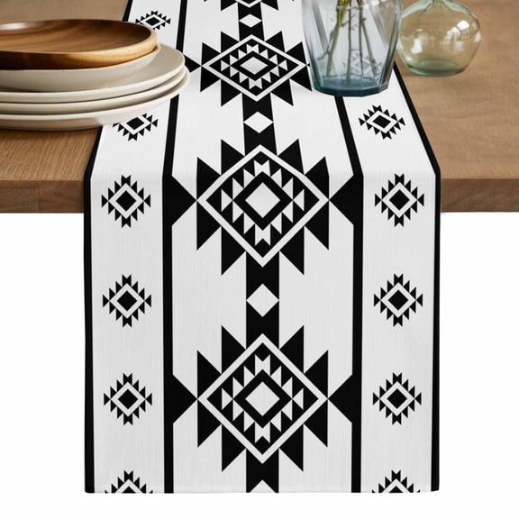 White Black Boho Table Runner, Southwest Ethnic Abstract Geometric Washable Cotton Linen Table Runners 36 Inches Long, Dresser Scarf Runner for Nightstand/End Tables/Round Tables 13''x36''