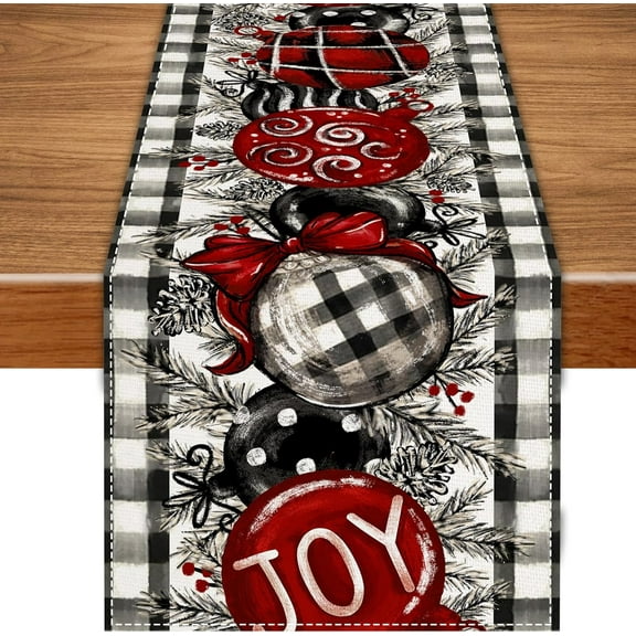 White and Black Buffalo Plaid Christmas Table Runner,Christmas Balls Joy Pine Branch Seasonal Winter Kitchen Tabletop Runner for Indoor Outdoor Dining Table Decoration13x72 Inch
