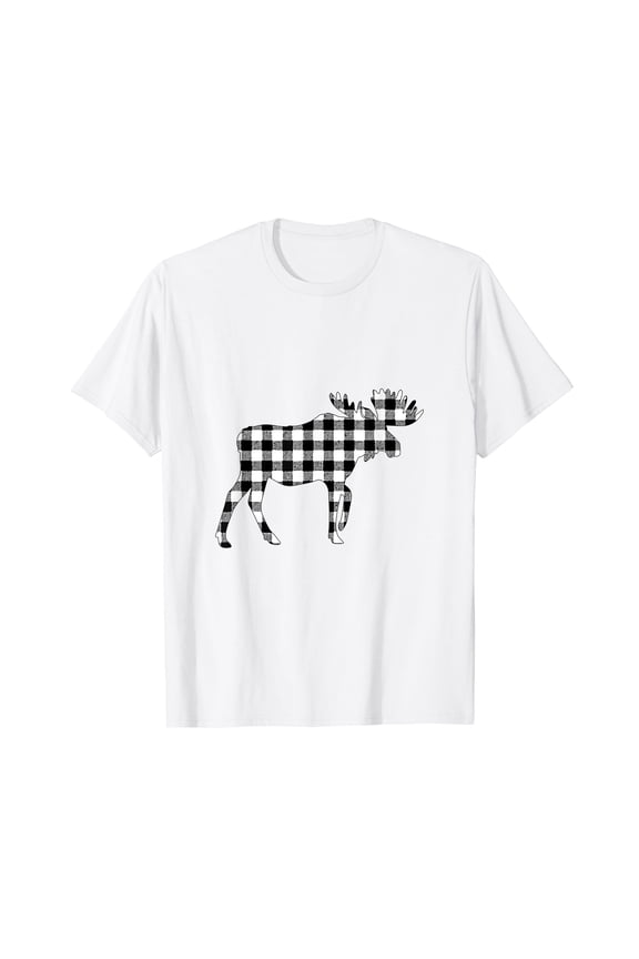 White & Black Buffalo Plaid Flannel Christmas Moose White T-Shirt