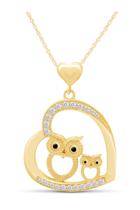 White & Black CZ Mom & Daughter Owl Heart Womens Pendant Necklace 14k Yellow Gold Over 925