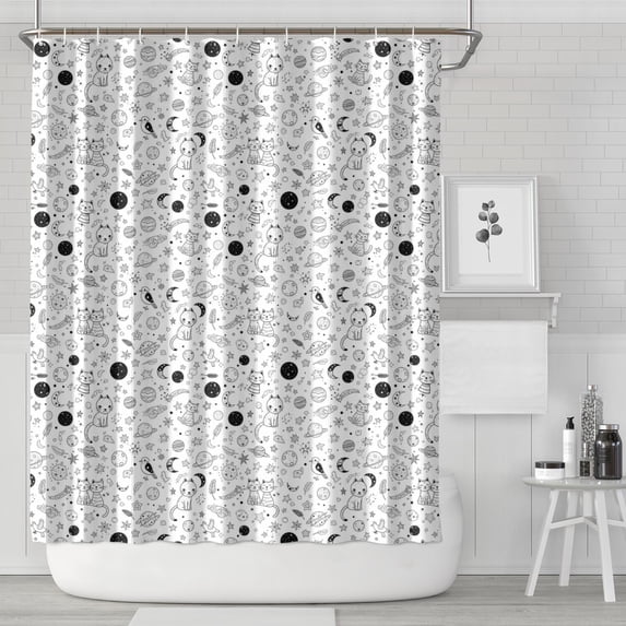 White Black Cat Planet Star Moon Pattern Shower Curtain 72"x84" ,Bathroom Decorative Shower Curtains Set with 12 Hooks,Modern Waterproof Washable Shower Curtain