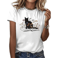 thumbnail image 1 of White Black Cat Silhouette Book Wildflowers Graphic Tees Print Tshirt Shirts Book Lover Cat Mom Tops S-5XL, 1 of 5