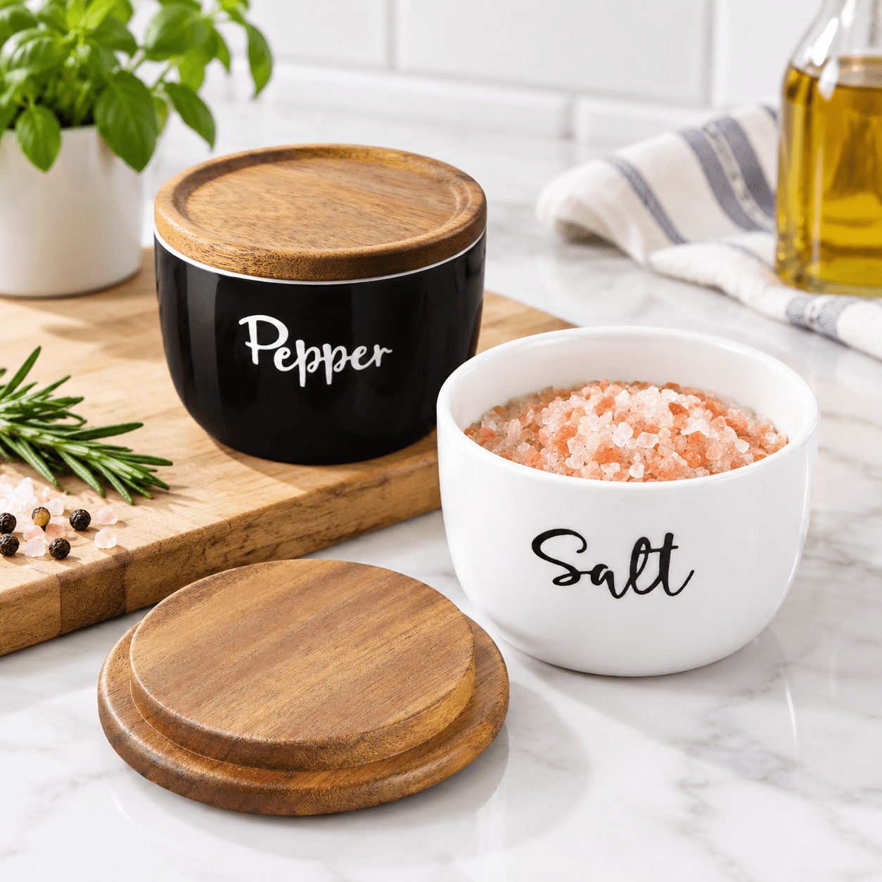 Stackable Shakers White/Black Ceramic Salt and Pepper Shaker Set with Wooden Lids 10 Oz ...