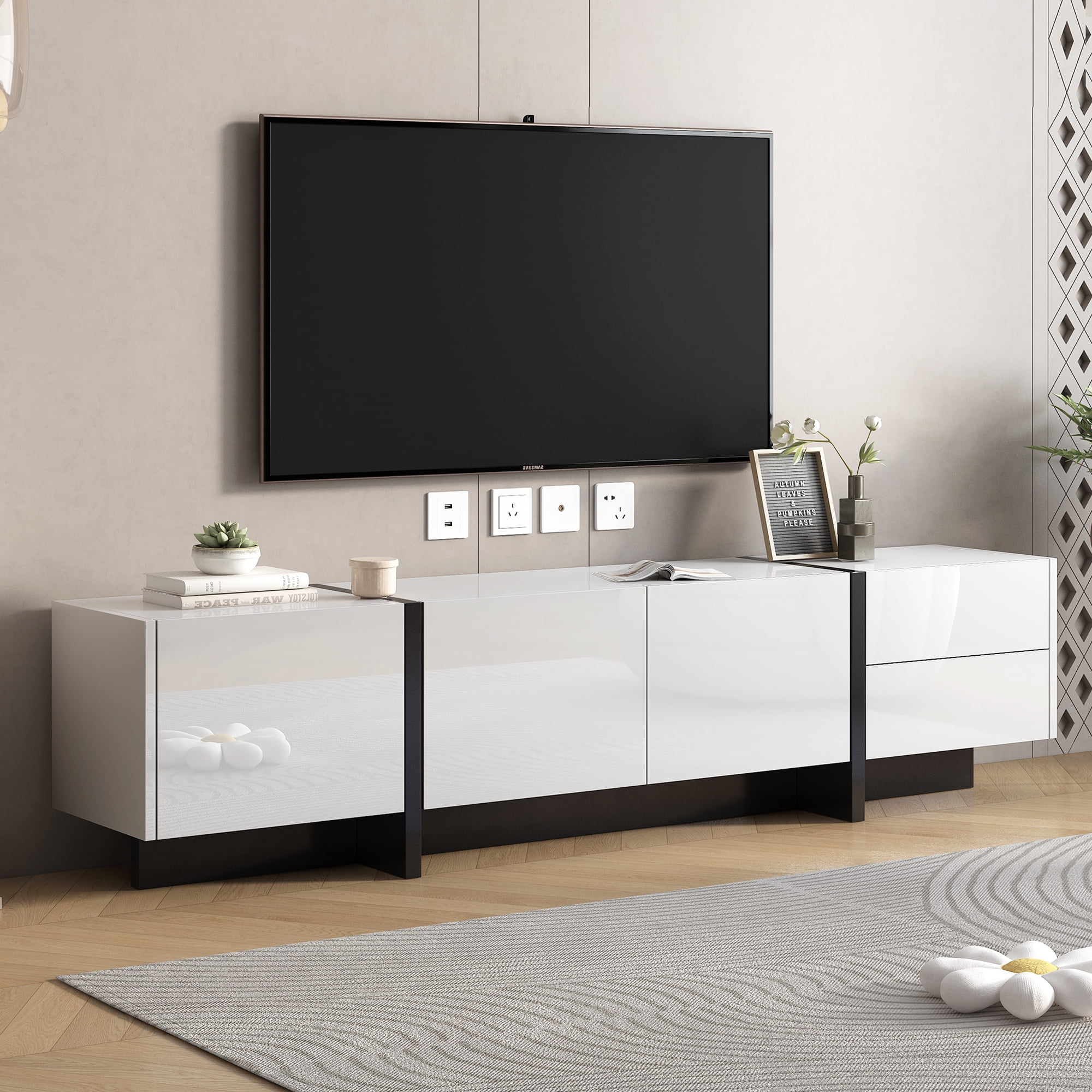 White Black Contemporary Rectangle Design TV Stand Unique Style TV Console Table for TVs Up to 80 Modern TV Cabinet with High Gloss UV Surface