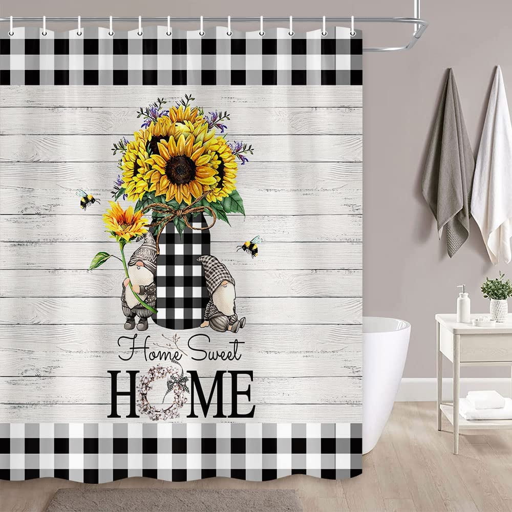 White Black Farmhouse Floral Flower Shower Curtain, Sunflower in Plaid