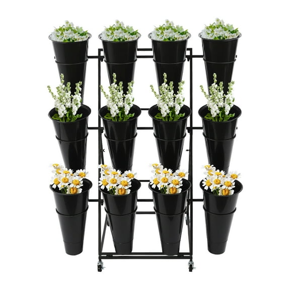 White / Black Flower Display Stand with 12pcs Bucket,4 Wheels Plant Stand,41.34in Tall Flower Cart 3 Tier Flower Shelf for Florist Garden Patio
