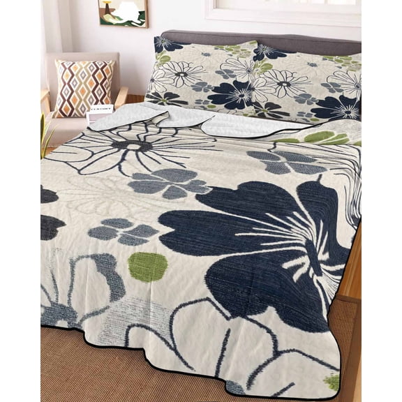 White Black Flowers King Size Down Alternative Comforter, Lightweight Comforter Quilt Bedding Set with Pillow Shams Vintage Floral Beige Burlap All Seasons Bed Comforter Duvet Insert 96"x106"
