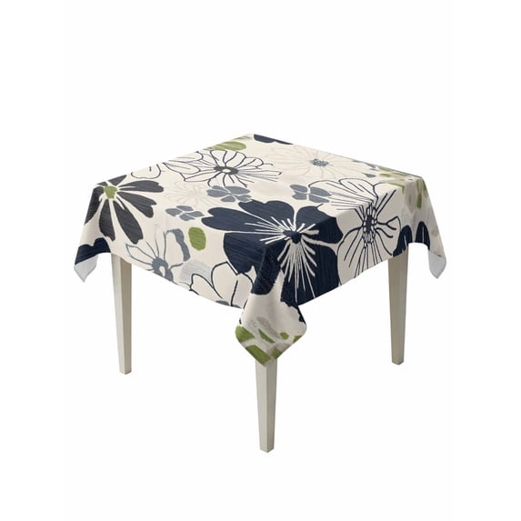 White Black Flowers Table Cloth, Waterproof Tablecloth for Square Tables, Vintage Floral Beige Burlap Reusable Washable Fabric Table Cover for Restaurant Kitchen Dining Tables 54"x54"