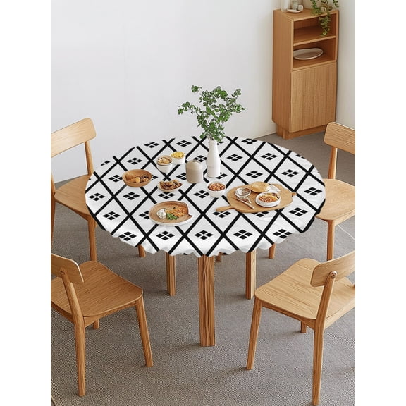 White and Black Geometric Round Fitted Tablecloth with Elastic Edge, Minimalist Argyle Checkered Modern Waterproof Stretch Table Covers for 36"-44" Tables Wipeable Table Cloth for Outdoor