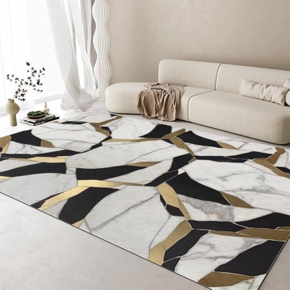 White Black Gold Pattern Area Rugs, Marble Luxury Fashion Floor Carpet For Bedroom, Non Slip Washable Office Rug For Living Room Dining Room And Office 1x2ft