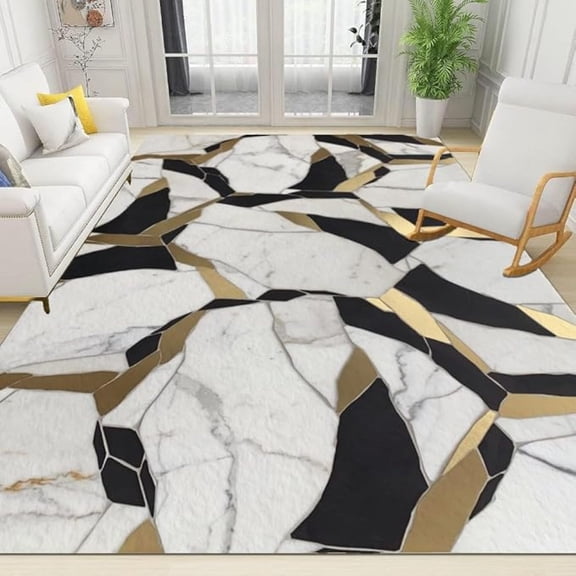 White Black Gold Pattern Area Rugs, Marble Luxury Floor Carpet For Bedroom, Non Slip Washable Office Rug For Living Room Dining Room And Office 5x7ft