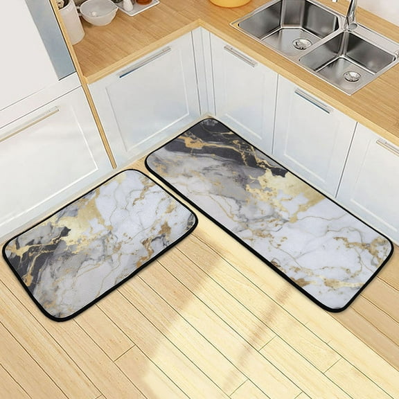 White and Black Golden Marble Kitchen Mats Set 2 Piece Non Slip Floor Foam Rugs Cushioned Soft Waterproof Carpet Runner for Dining Room Bathroom Laundry