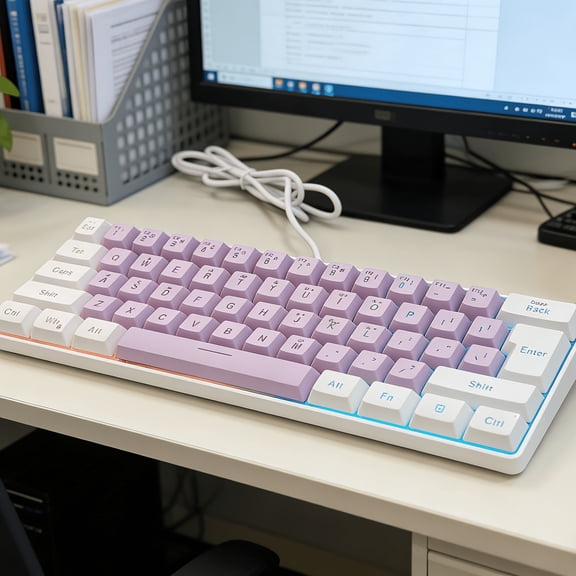 [White/ Black/ Gray]61-Key Membrane Keyboard with RGB Backlit, Mechanical Feel Keyboard, USB Wired Gaming Keyboard, Quiet &Soft Typing for Office & PC