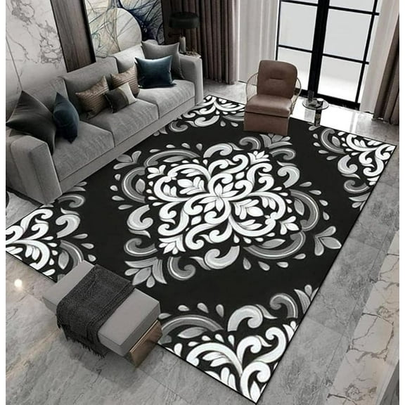White Black And Gray Floral Texture Area Rugs, Floral Pattern Soft Washable Carpet, Upholstery Rug With Non-Slip Backing For Bedroom Living Room Dining Room Study 5x7ft