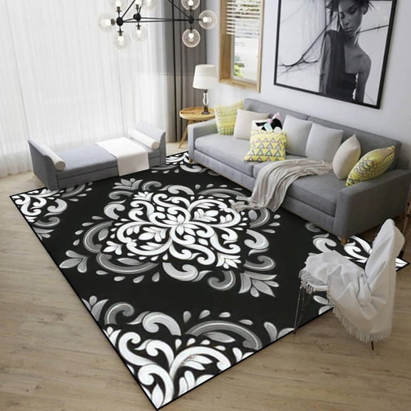 White Black Grey Area Rug Paisley Elements Breathable Washable Carpet Anti Slip Easy Clean Living Room Bedroom Kitchen Dining Home Office Floor 2x3 Small Non-slip Soft Home Decor Modern