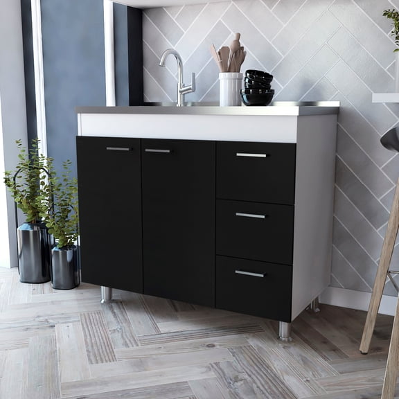 White / Black Kitchen Base Cabinet, Three Drawers & Double Door, 40.43''d X 20.45''w 34.58''h, Particle Board, Faucet Hole, Four Legs, Shelves Included Stylish Black, And 34.58''h 40.43''d,
