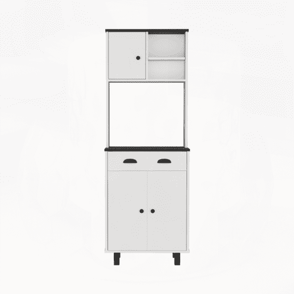 White & Black Kitchen Storage Pantry with Microwave Shelf - Modern Style for Home Organization