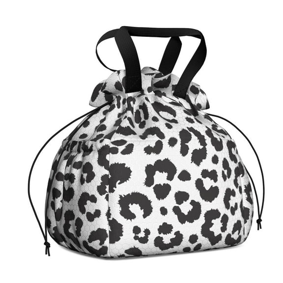 White and Black Of Leopard Print Drawstring Lunch Bag Women - Drawstring Lunch Bag Insulated for Work Office - Stain-Resistant Large Lunchbags for Women with Multi-Pockets