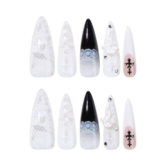 White Black Light Pink Lace Cross Press on Nails Long Square Fake Nails with Pearl Designs White Full Cover Adhesive Press Ons Nail Art Tips Glam Acrylic False Nails Press on Nail Set 24 Pcs