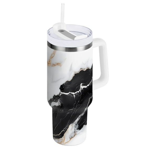 White Black Marble Texture Tumbler with Handle and Straw Lid 40 oz Insulated Vacuum Water Bottle Stainless Steel Travel Cup