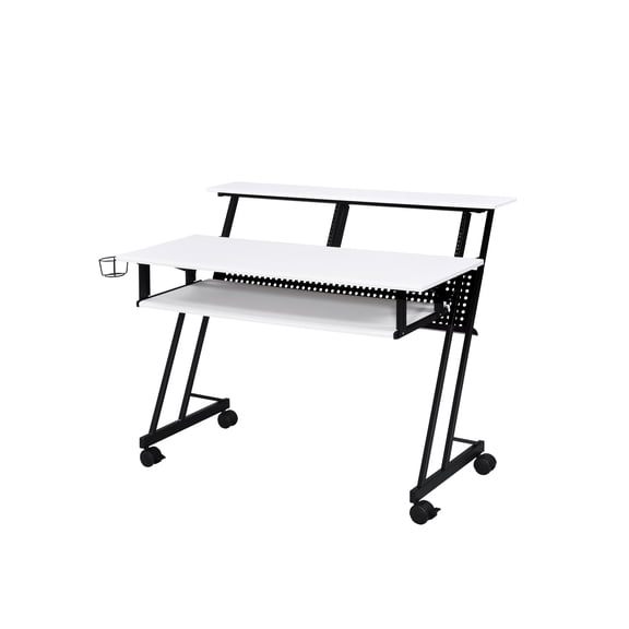 White & Black Music Desk For Use, 40"x16" Keyboard Tray, 61 Capacity, Metal Frame With Portable Wheels And Wooden Shelf Recording Worktable In Hue, Compartment, 47"x10" Shelf, Movable Top