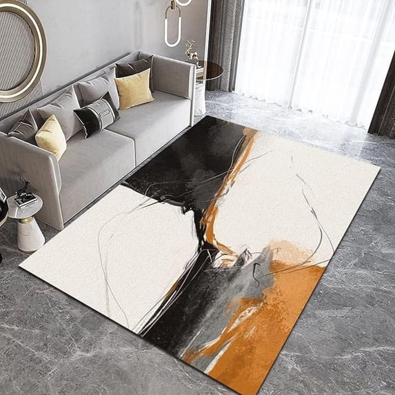 White Black Orange Marble Texture Pattern Area Rug, Simple Classic Fresh Large Rug, Easy Clean Carpet Washable Indoor Non-Slip Rug For Boys And Girls Nursery Bed Living Room Decor 3x4ft