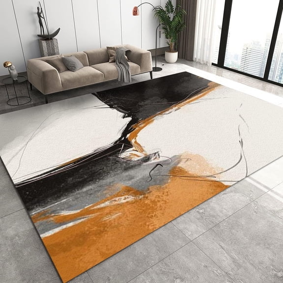 White Black Orange Marble Texture Pattern Area Rugs, Simple Classic Fresh Large Printed Carpet, Indoor Non-Slip Kids Rugs For Bedroom Living Room Front Entrance Office Floor Decor