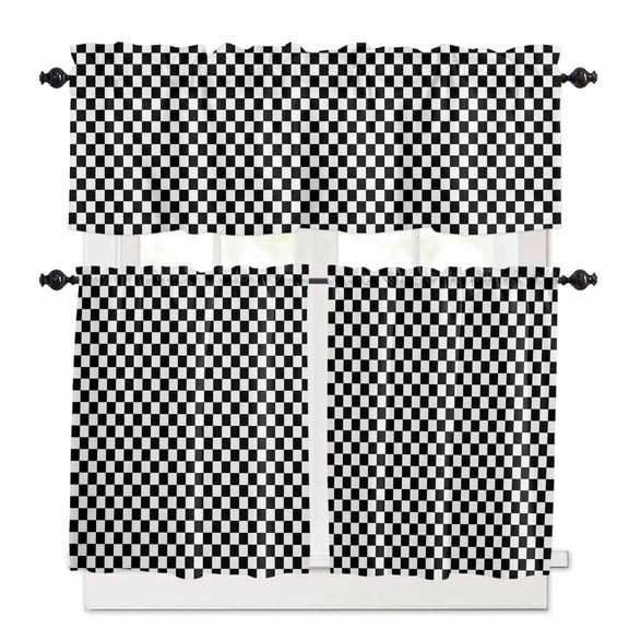White Black Plaid Kitchen Curtains Valances and Tiers Set of 3, 24 Inch Length Tier Curtains and Valance Rod Pocket Valance Curtains Set for Kitchen Bathroom Small Windows