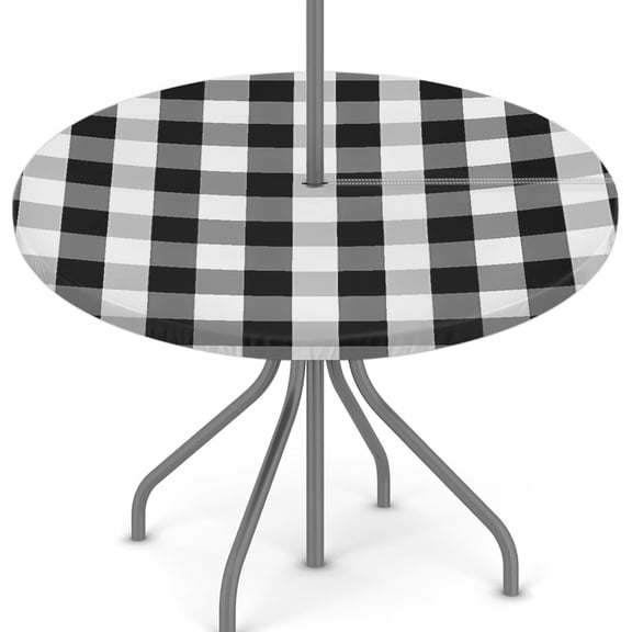 White Black Plaid Outdoor Tablecloth with Umbrella Hole, Round Elastic Fitted Table Cloth with Zipper, Waterproof Picnic Patio Table Covers Fits 44-52 in Tables