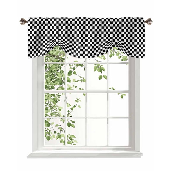 White Black Plaid Tie Up Valances Curtain, Adjustable Kitchen Abstract Geometric Modern Simple Valances for Windows Decor, Rod Pocket Short Curtains Set for Bedroom/Bathroom, 54"x18"