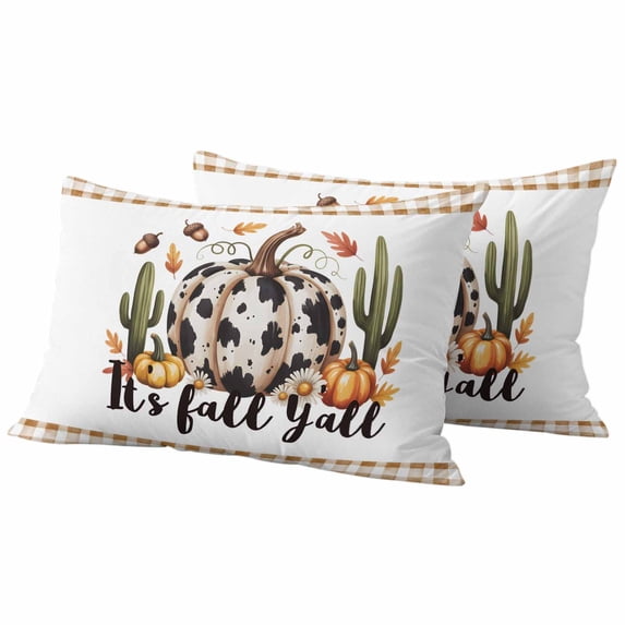 White Black Pumpkin Fall Outdoor Waterproof Pillow Covers, Farmhouse Plaid Botanical Cactus Decorative Rectangle Throw Pillowcase Sofa Cushion Sham for Patio/Couch/Chair, 20"x12" 2 Pack