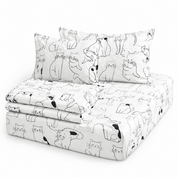 White Black Queen Size 4-Piece Cat Pattern Printed Cotton Bed Sheet Set